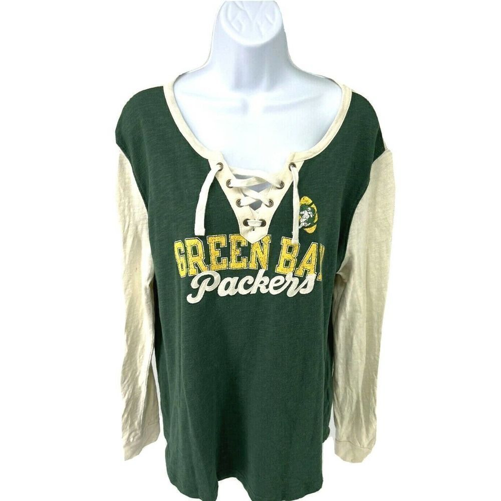 Sexy Green Bay Packers Womens Raglan‎ Shirt XL Lace Up V Neck Pro Line Fanatics